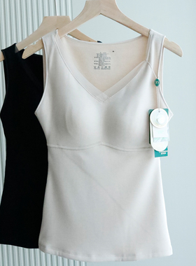 女式秋冬款V领蚕丝羊绒带胸垫磨毛锁温发热三合一保暖背心65818