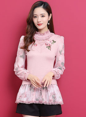 粉红玛丽风格毛衣女显瘦韩版春装甜美蕾丝网纱针织打底衫梦丽莎
