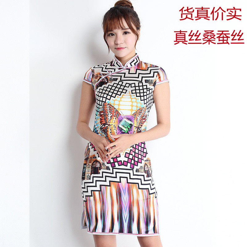 真丝连衣裙特价夏女正品唐绮短袖复古中长桑蚕丝真丝旗袍1801