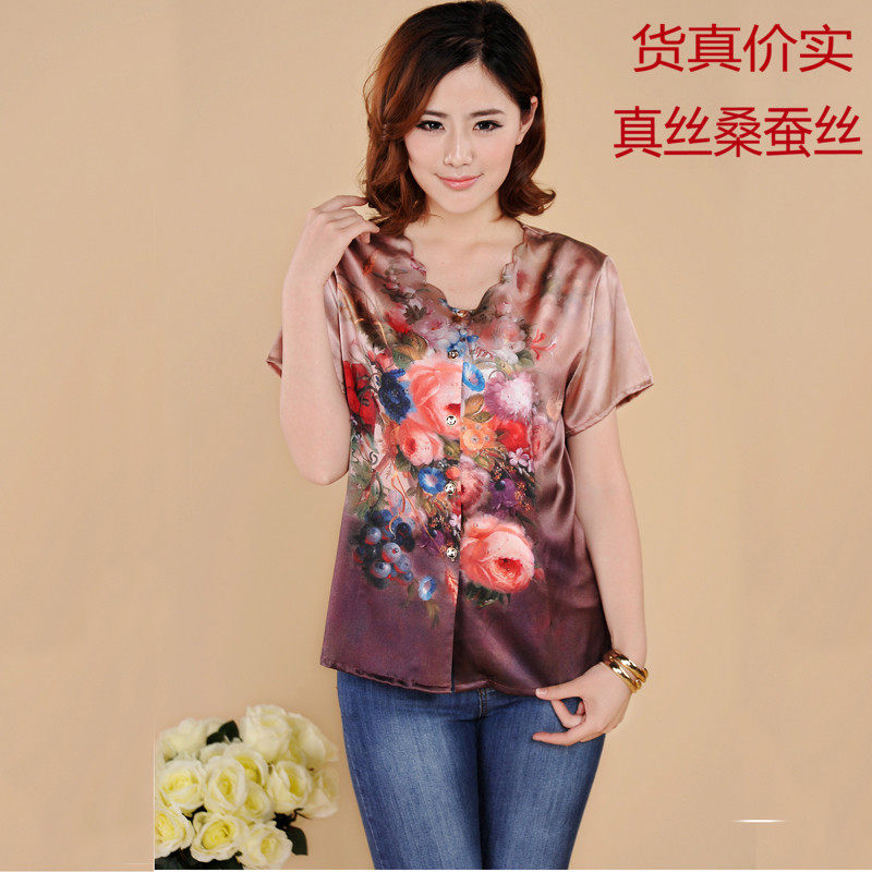 正品高档柔软重磅真丝桑蚕丝缎中老年妈妈装短袖上衣衬衫台绮