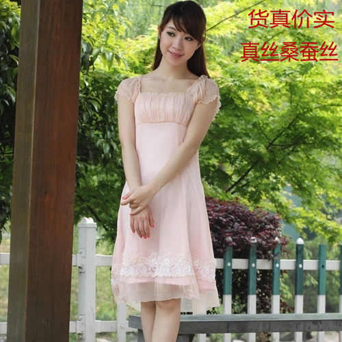 真丝连衣裙特价清仓夏女装甜美淑女桑蚕丝粉红色粉红玛丽风格中裙
