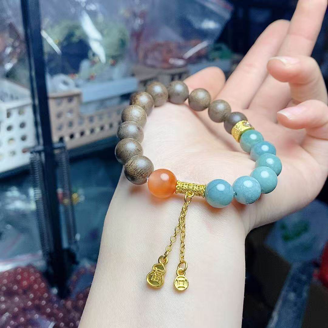 （AAA）沉香木搭配蓝水翡翠配饰手串简约百搭设计款精致手链女款
