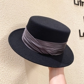法式 名媛风气质短檐平顶礼帽女复古百搭网红白色爵士帽绸缎毛呢帽