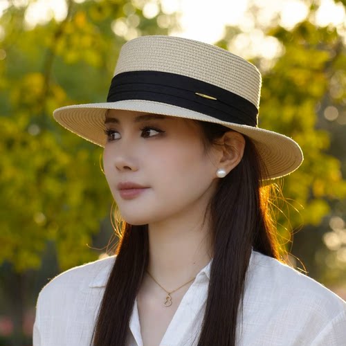 夏季经典法式织带平顶帽女复古防晒遮阳礼帽海边出游度假沙滩草帽
