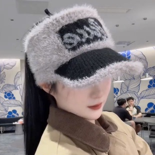 冬季针织鸭舌帽子女保暖护耳可扎高马尾空顶帽户外骑行韩版加绒帽