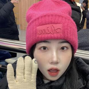 韩国大东门字母针织大头围粉色毛线帽女秋冬护耳显脸小保暖冷帽男