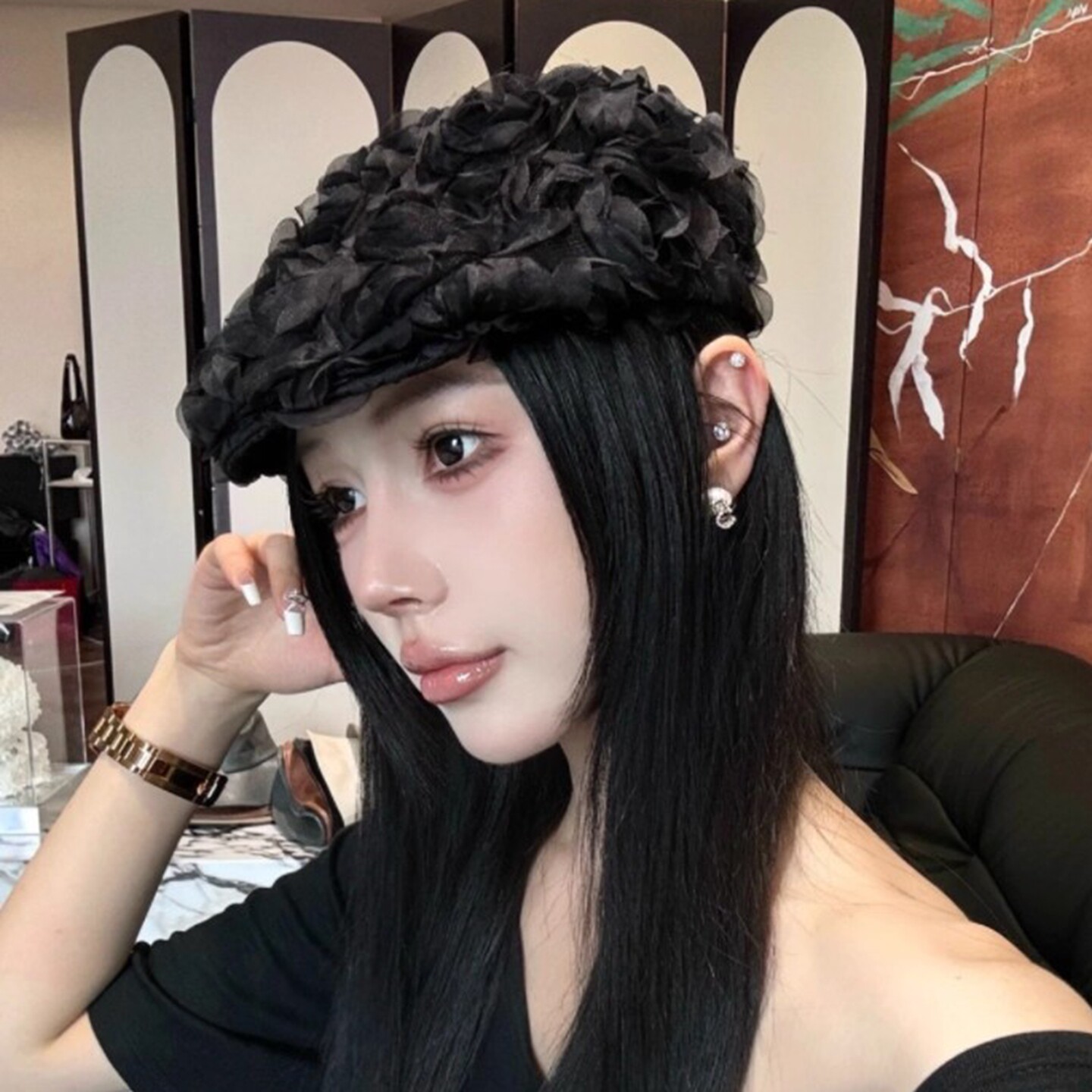 网红洋气立体玫瑰花纱鸭舌前进帽女小众设计高级感ins时髦贝雷帽