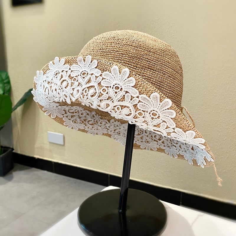 拉菲草帽子女春夏季旅游度假防晒遮阳草帽蕾丝手工贴花洋气渔夫帽