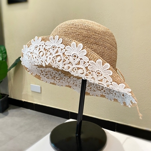拉菲草帽子女春夏季旅游度假防晒遮阳草帽蕾丝手工贴花洋气渔夫帽