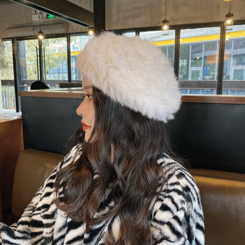 纯手工编织真兔毛帽子保暖皮草帽文艺显脸小针织帽拍照好看贝雷帽