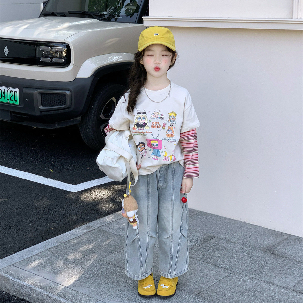 2026春季新款 女童条纹假两件长袖打底衫+时髦牛仔弯刀裤两件套