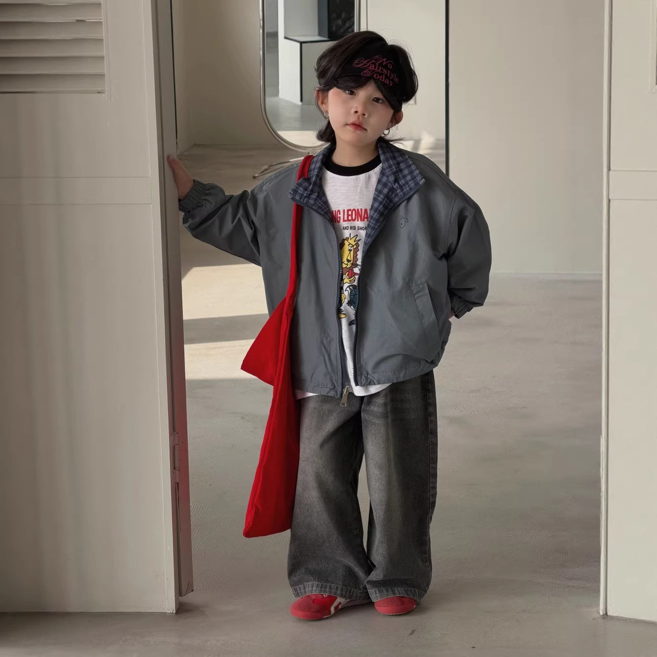 儿童双面穿格子外套 韩系宽松立领夹克 男女童春秋休闲两面穿上衣