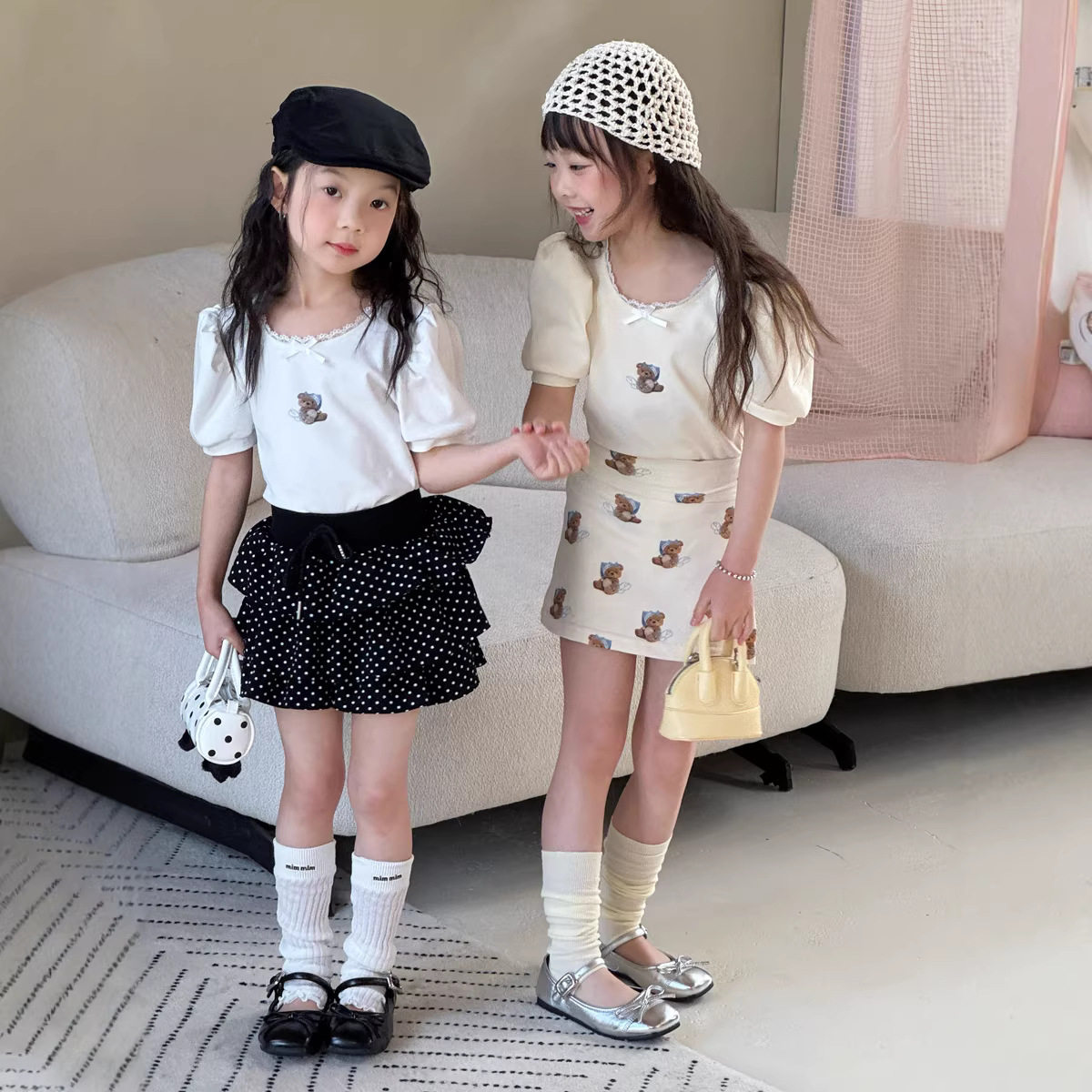 2026夏季新款韩版女童卡通小熊印花T恤 儿童蕾丝大圆领泡泡袖上衣