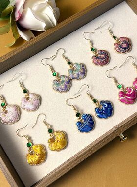 新中式宋锦如意耳钩S925银钩古风汉服旗袍马面裙国潮耳坠