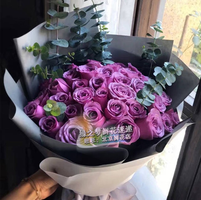 33枝紫色玫瑰花束鲜花速递同城送花生日北京朝阳海淀西城花店送花