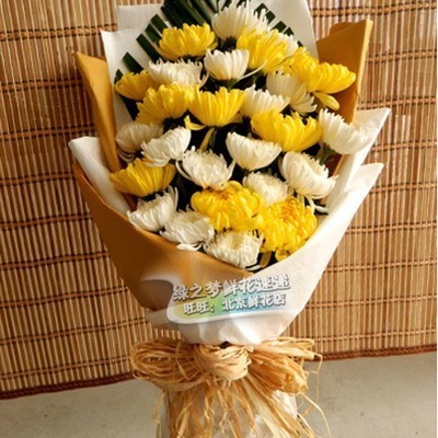 19枝混搭菊花束清明节扫墓鲜花黄白菊花节清明祭祀花束花速递北京