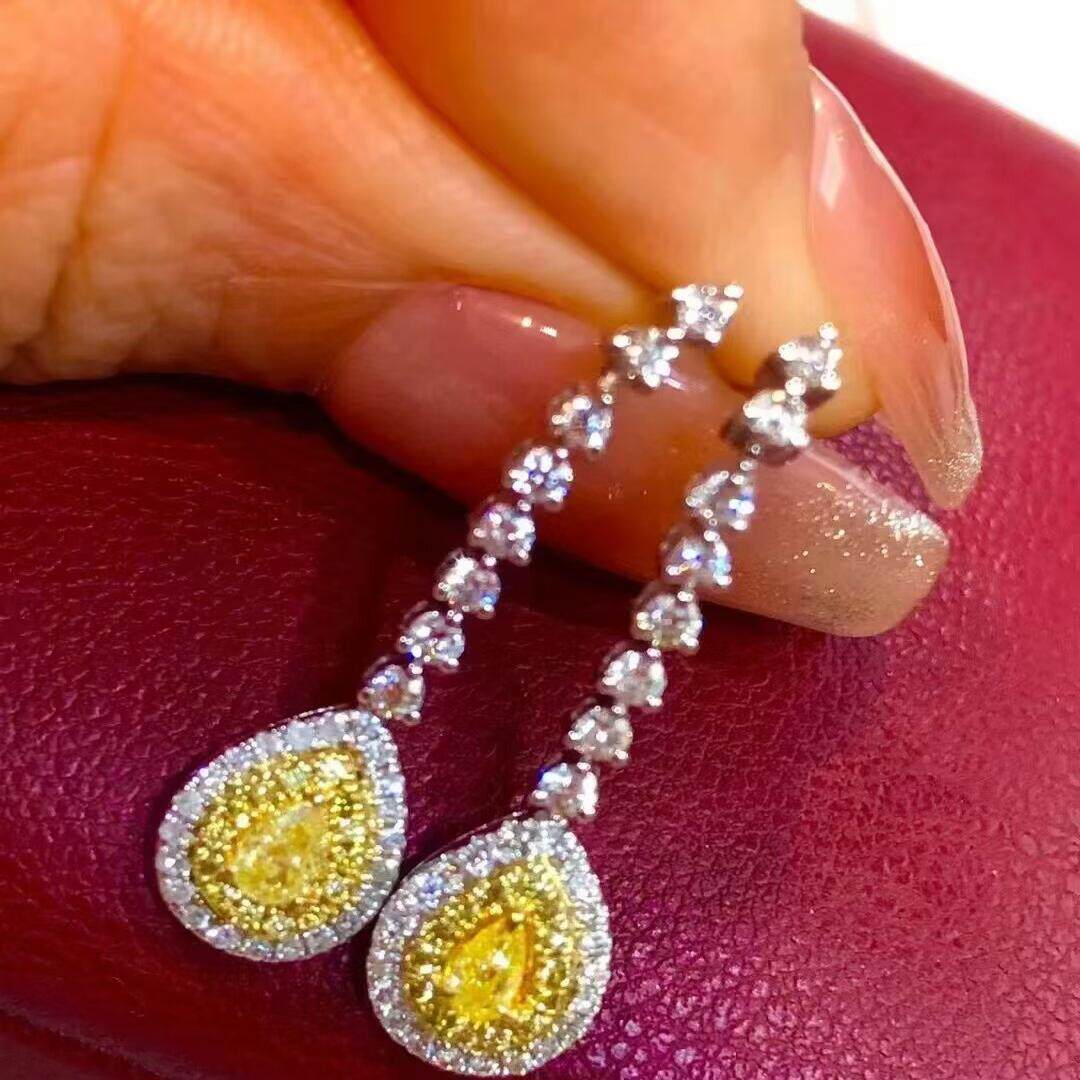 18K金女镶嵌1克拉天然南非高品质钻石黄钻耳钉耳坠真金真钻送证书