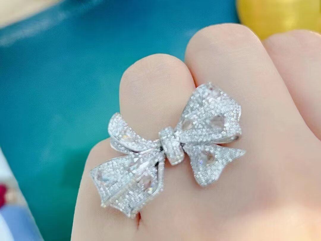 18K金女镶2克拉天然南非高品质钻石蝴蝶结丝带戒指真金真钻送证书