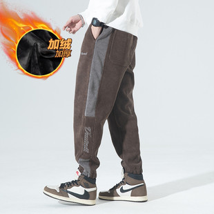 加绒加厚裤子男款雪尼尔运动裤秋季2022休闲加肥加大运动束脚裤男