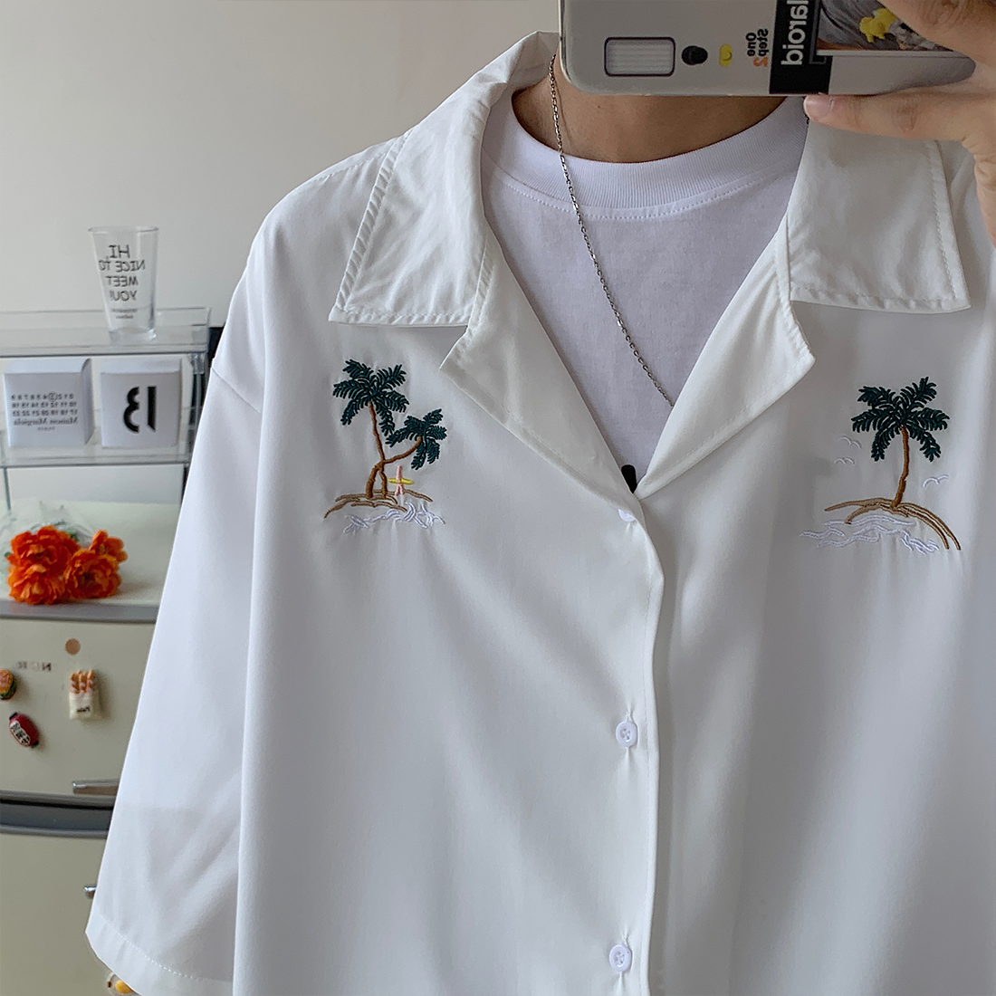 C22-P35男士宽松休闲刺绣短袖衬衫半袖衫夏天开衫,男装T恤,电商B327