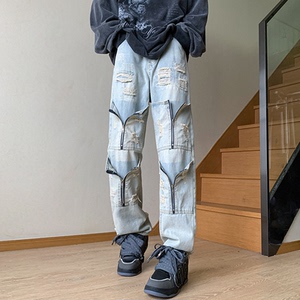 港风高街男休闲牛仔裤拉链破洞牛仔裤  NZ-2-P65 控88图片