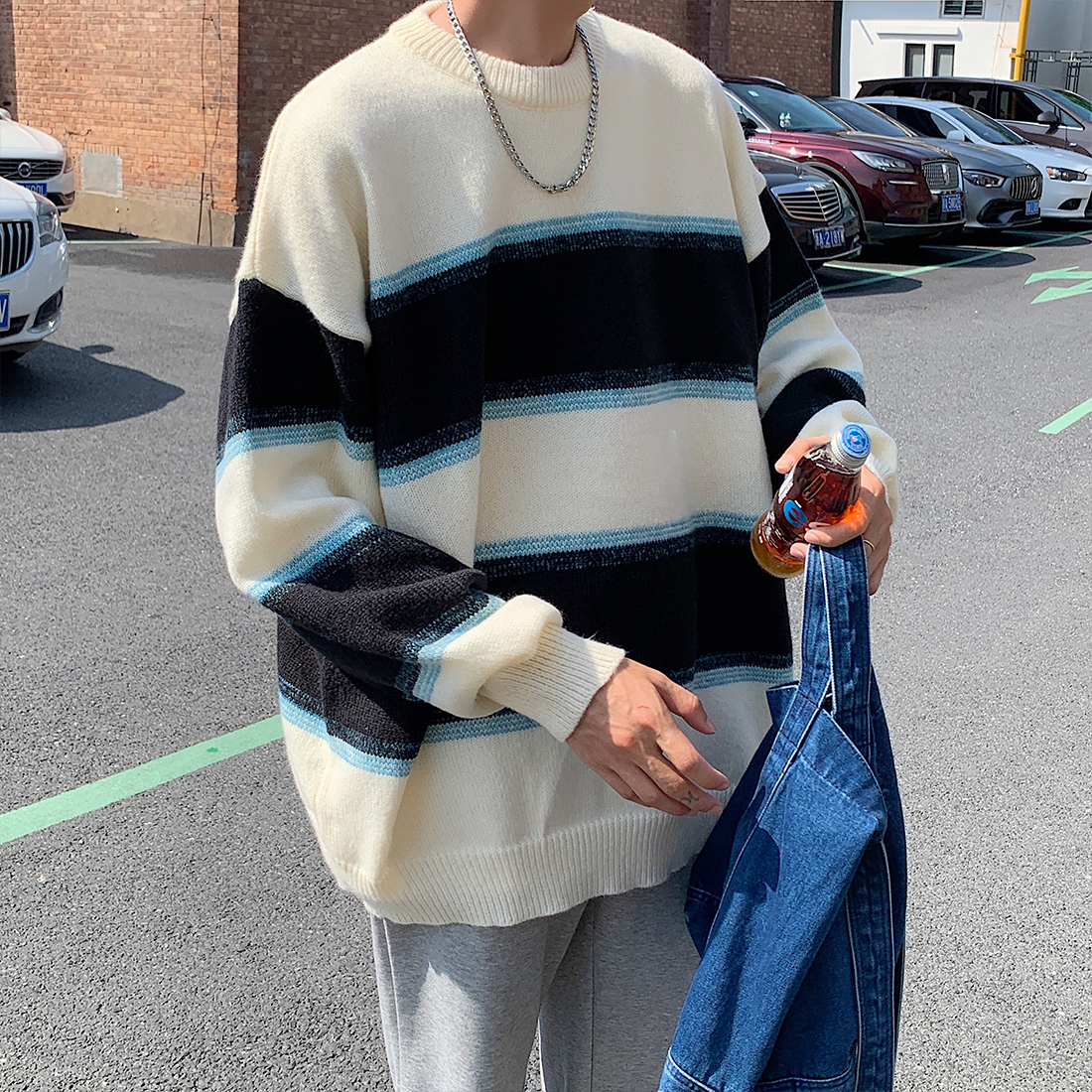 秋冬新款男女同款套头圆领条纹毛衣针织衫外套B327-BKM03-P68,男装针织衫/毛衣,电商B327