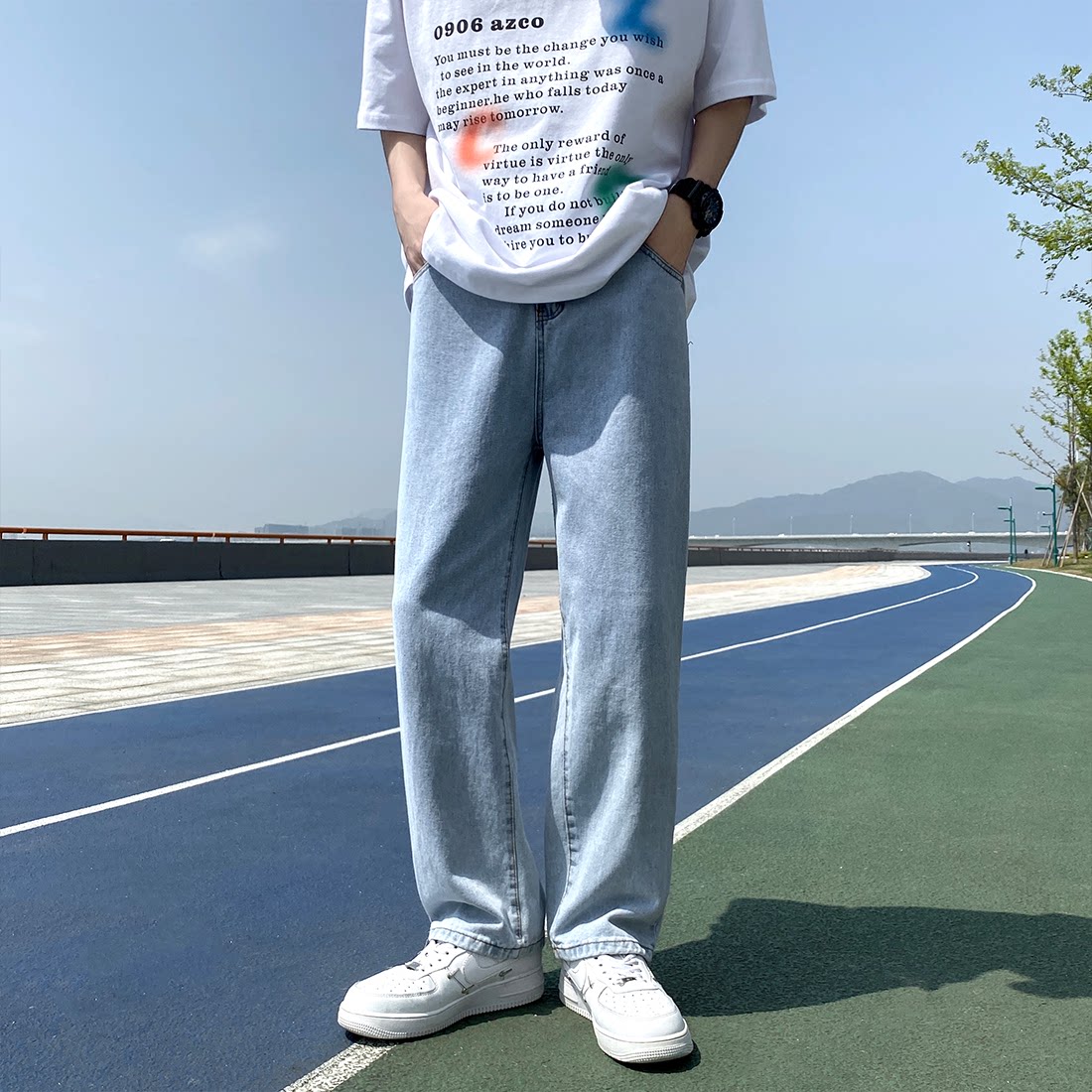 N18-P40主推男生夏天蓝色牛仔裤宽松直筒纯色裤子，男装牛仔裤，电商B327