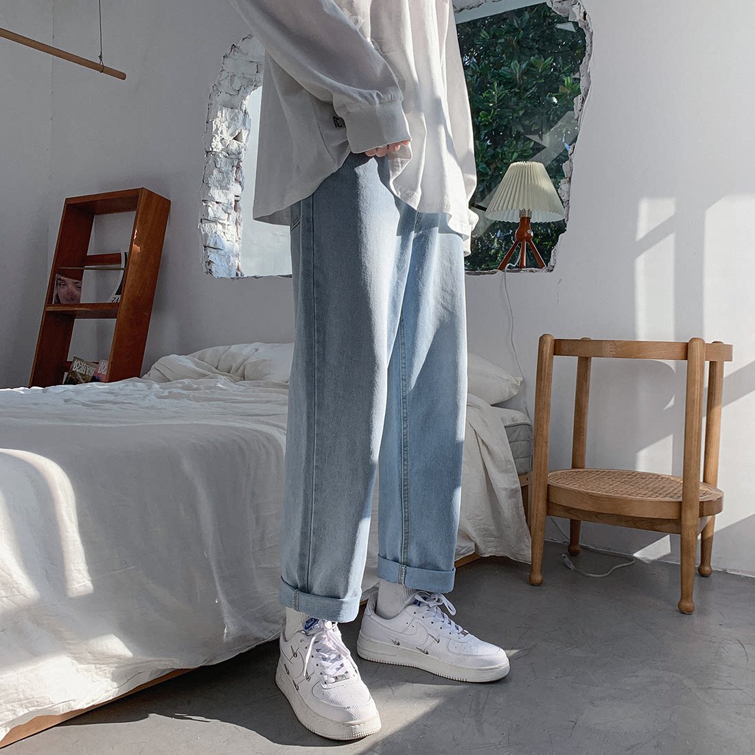 夏天蓝色牛仔裤男女纯色休闲牛仔裤宽松直筒裤子N68-P40，男装牛仔裤，电商B327