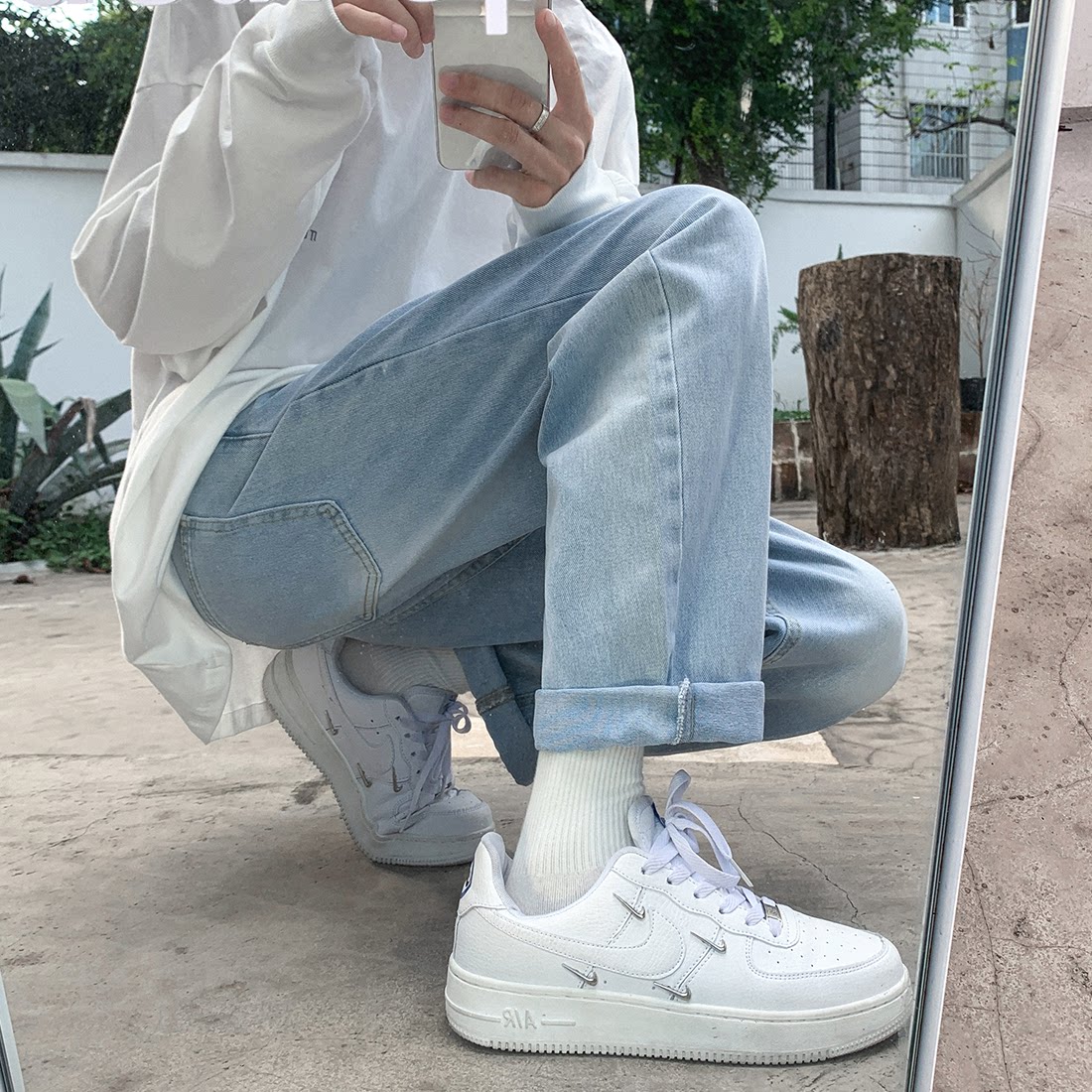 N68-P40四季款港风纯色休闲牛仔裤宽松直筒裤子蓝色牛仔裤，男装牛仔裤，电商B327