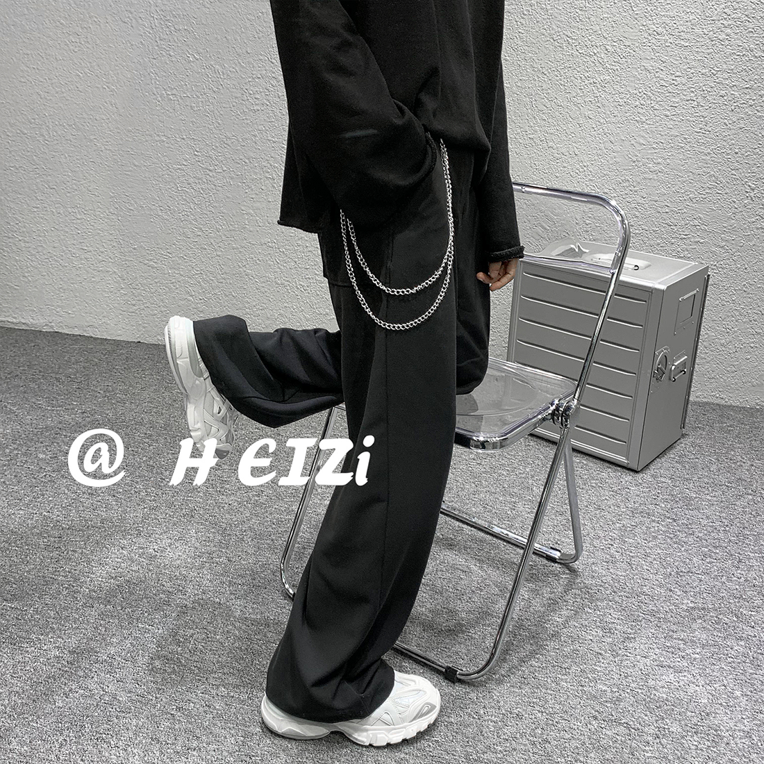 宽松休闲裤西装男女拖地裤情侣休闲裤黑色裤子B327-K13-P50送裤链图片
