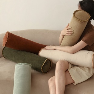 简约素色灯芯绒圆柱抱枕沙发糖果枕办公室护颈枕长条腰靠可拆卸
