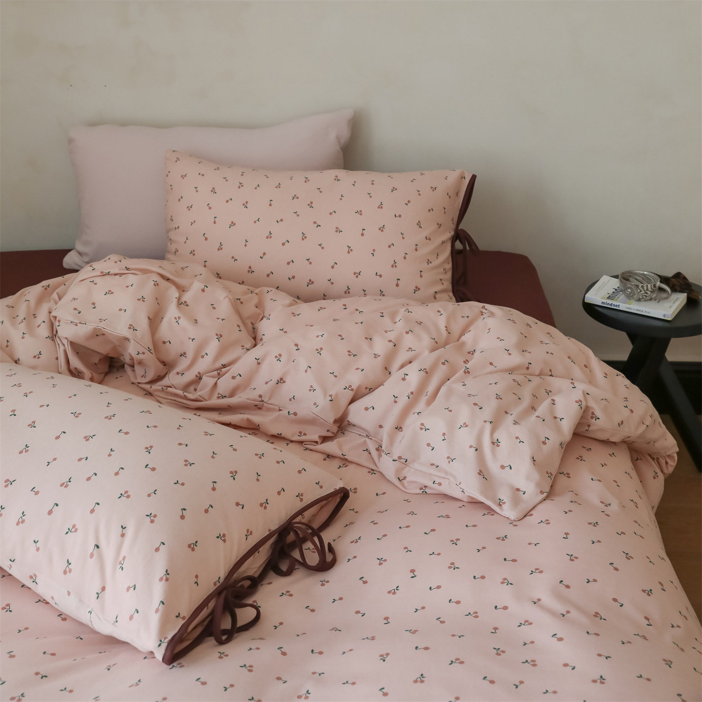 ins日式绑带全棉针织棉四件套A类母婴小樱桃森系纯棉天竺棉床笠款