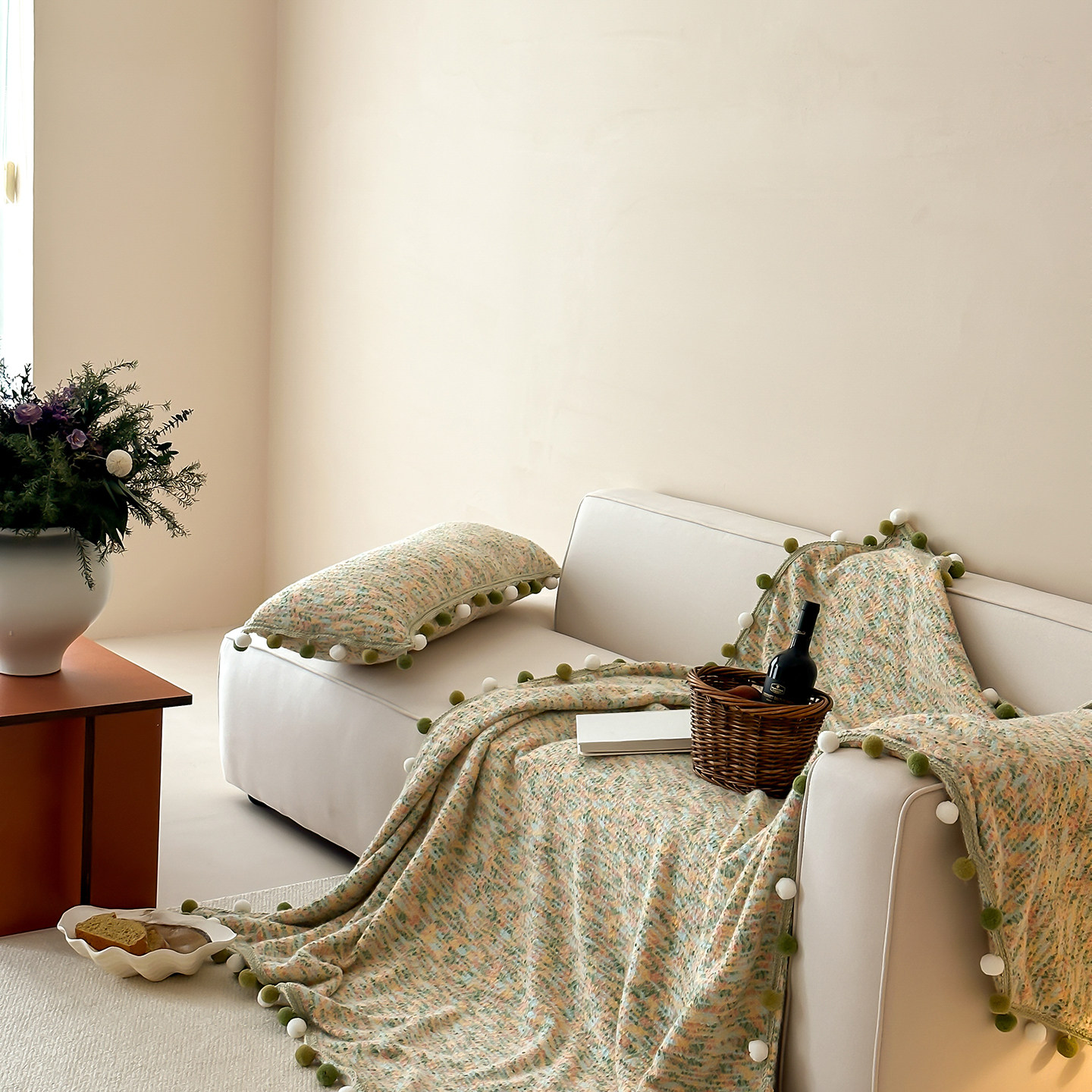 星星彩点色织珍珠呢沙发毯少女心球球床尾毯毛球压边午睡盖毯披肩