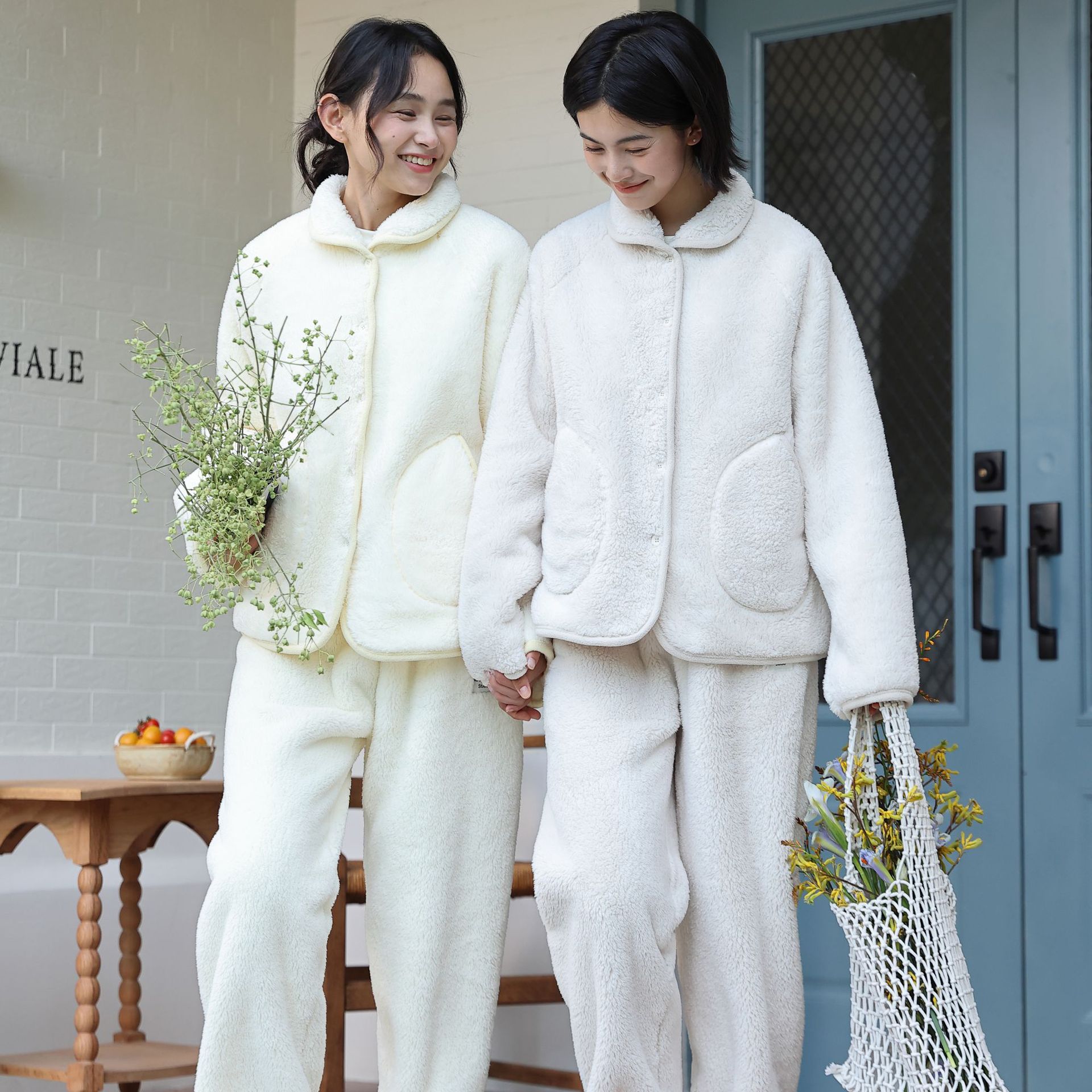 珂希卡加厚加绒翻领系扣睡衣女秋冬珊瑚绒保暖舒适甜美家居服