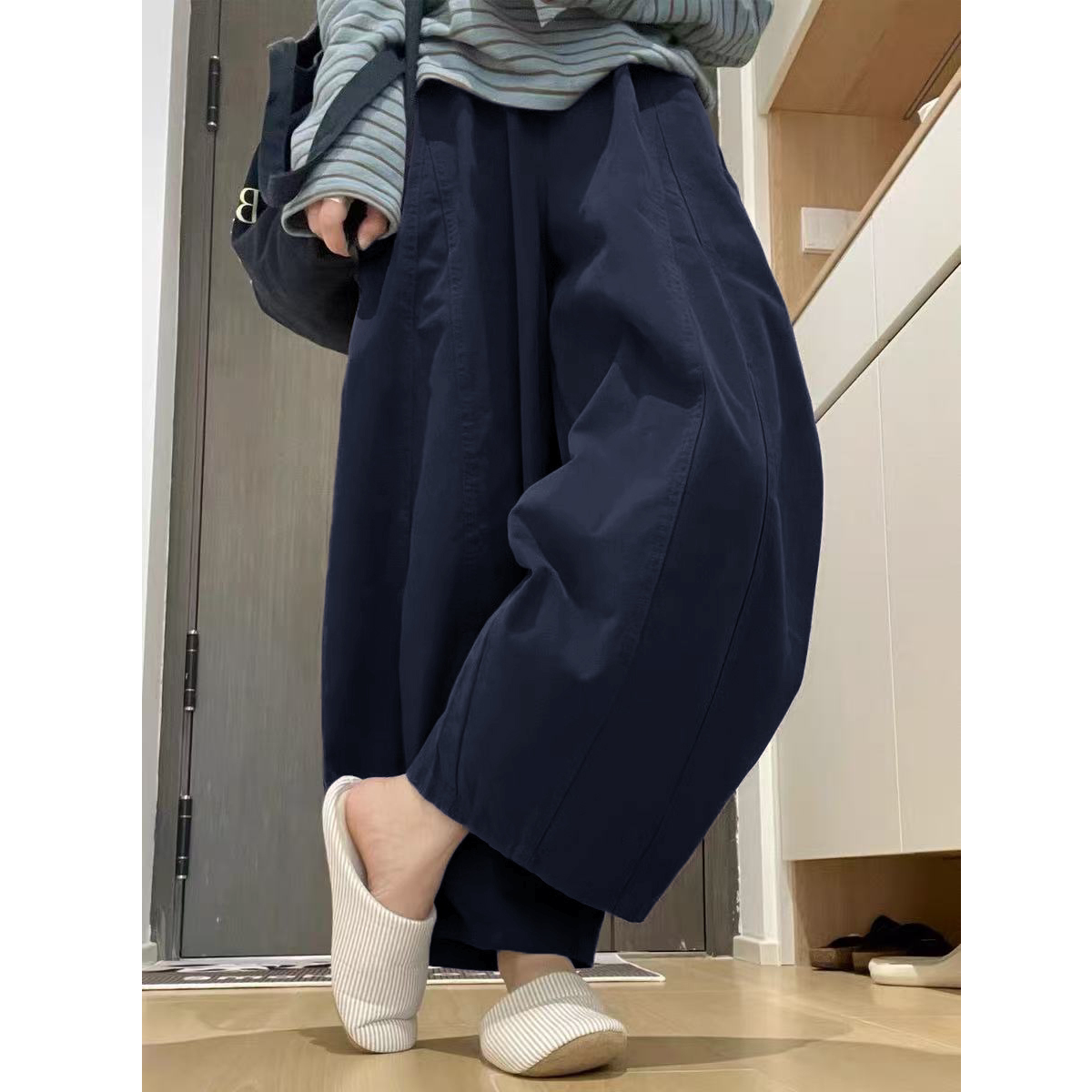 藏青色阔腿弯刀裤女秋装小个子宽松镰刀裤大码胖mm显瘦气球九分裤图片