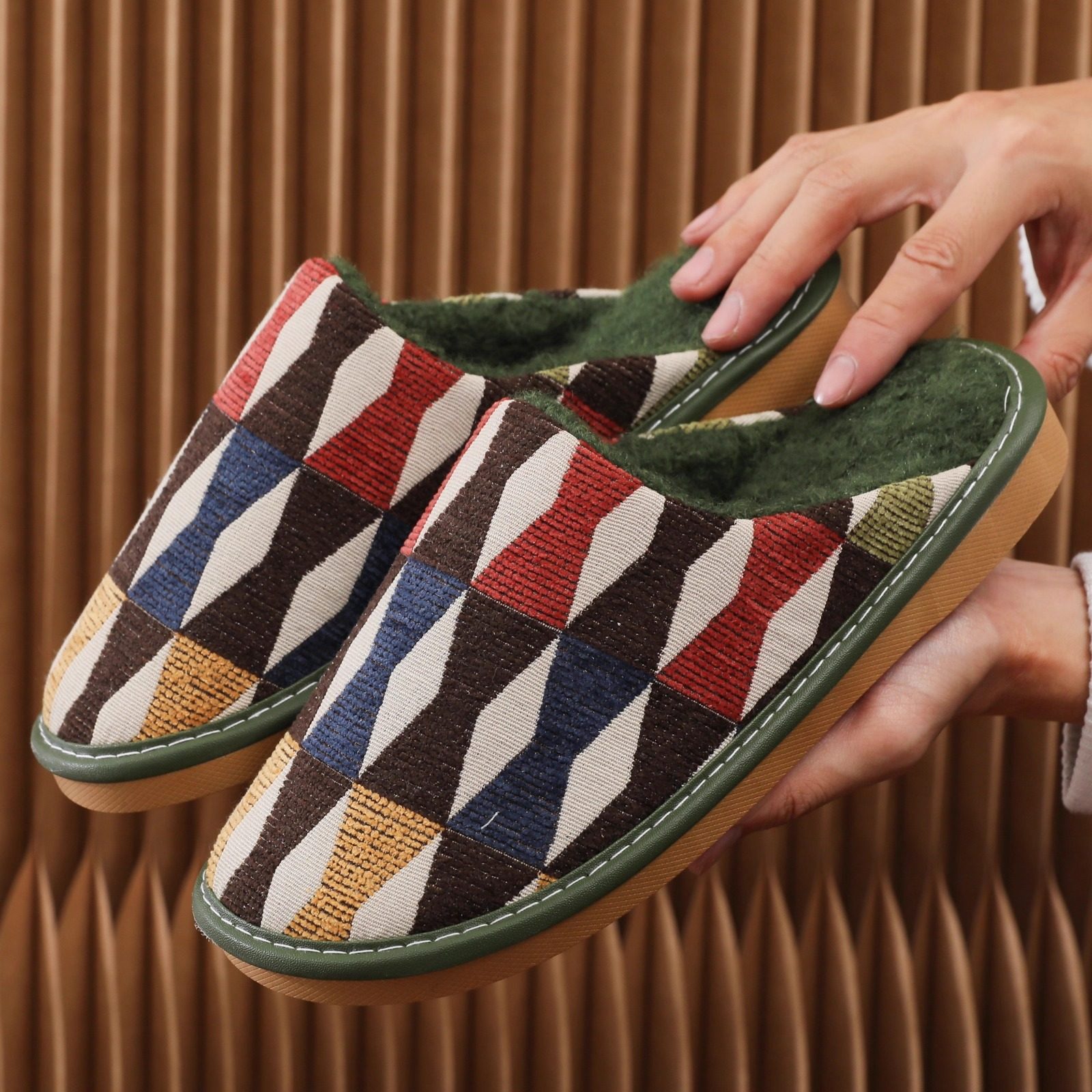 工厂自营几何拼色棉拖鞋男女室内保暖防滑居家懒人半包拖鞋新款冬