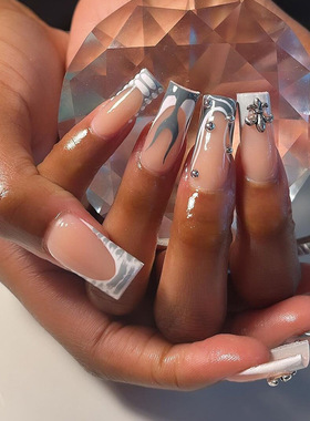 穿戴甲甲片 中长款灰色火焰闪钻欧美美甲贴指甲贴片False