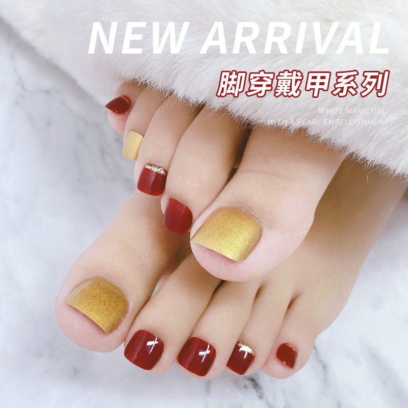 美甲甲片脚指穿戴甲大红色金色闪粉纯欲脚趾甲美甲片穿戴甲片成品