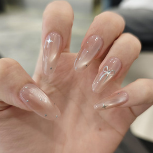 穿戴甲长款温柔仙女风清透猫眼底色银星蝴蝶结高级感穿戴式美甲片