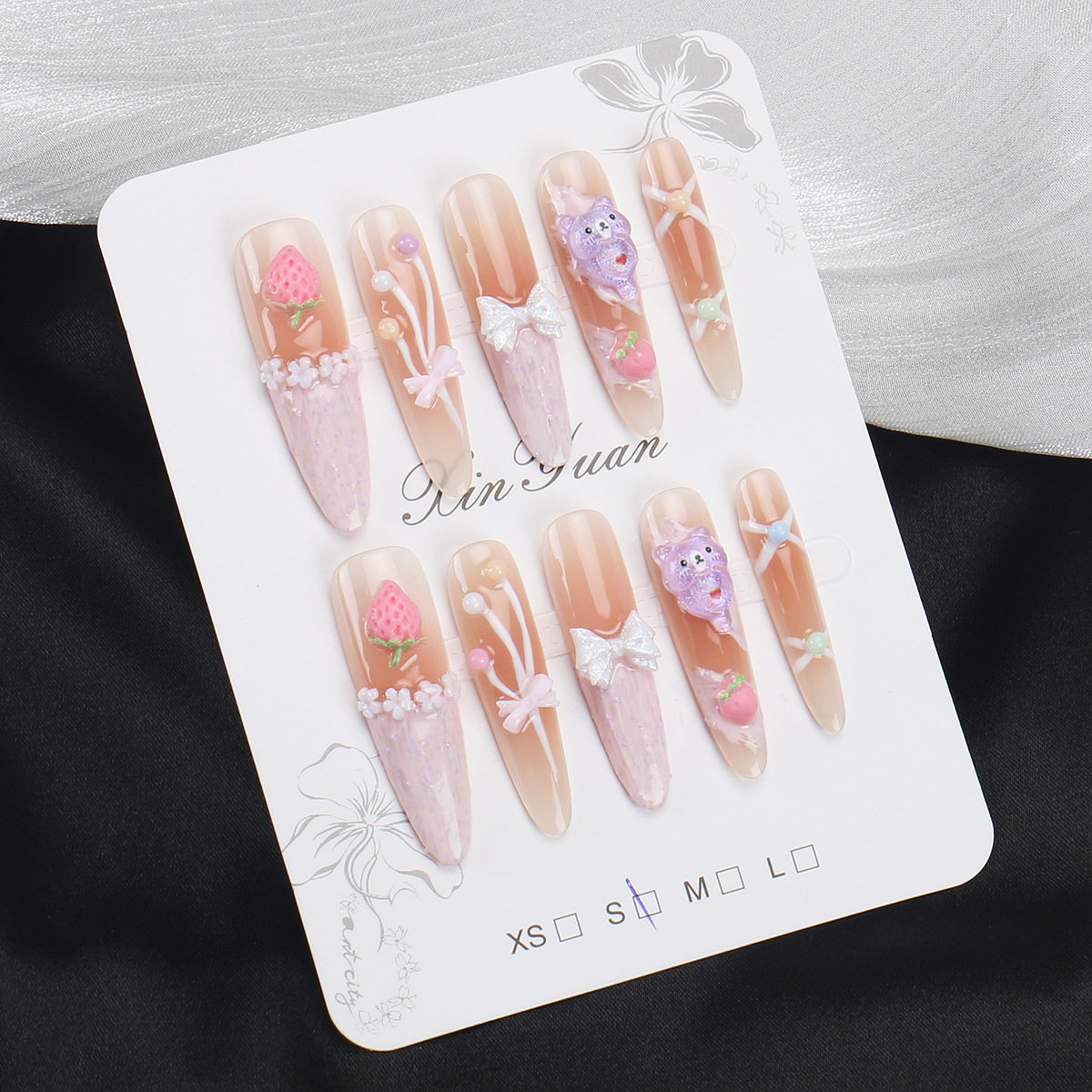 纯手工穿戴甲片长款裸粉渐变草莓立体小熊美甲贴片软萌甜妹指甲片,彩妆/香水/美妆工具,美甲工具,淘宝优惠券,粉丝福利购,淘宝优惠卷