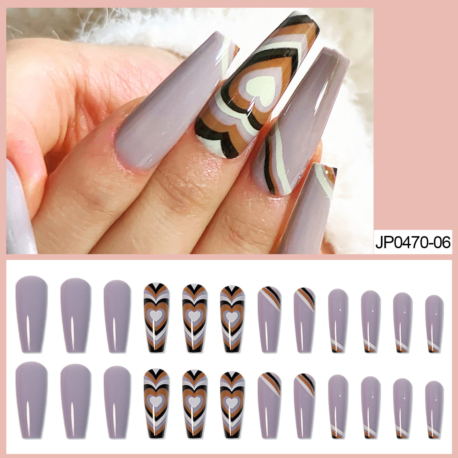 咖色拼色波浪系列桃心false nail美甲贴片假指甲穿戴美甲成品可卸