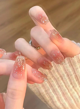 穿戴甲裸粉色碎闪美甲贴片日常百搭腮红美拉德黄皮显白美甲