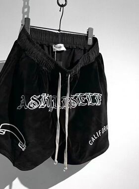 ASKYURSELF华丽黑丝绒廓形立体裁剪刺绣字母OG高街宽松短裤情侣