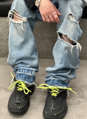 就是那条CL同款刀割破坏重水洗蓝色做旧破洞宽松单宁牛仔裤长裤