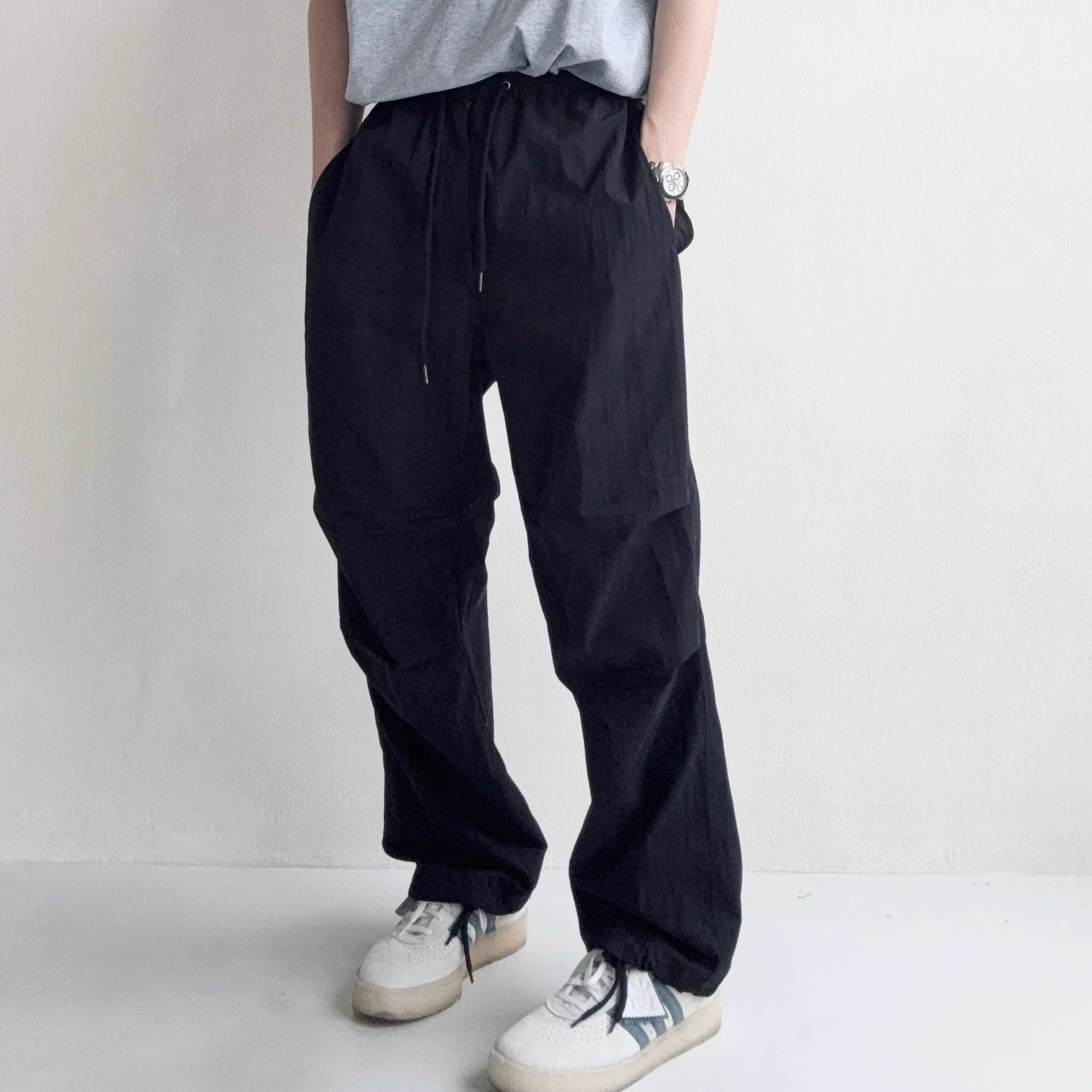 夏季轻薄棉质黑色伞兵裤