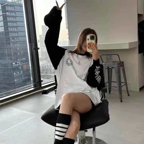 ASKYURSELF官方经典梵文哥特英文字母LOGO厚实圆领宽松长袖T恤