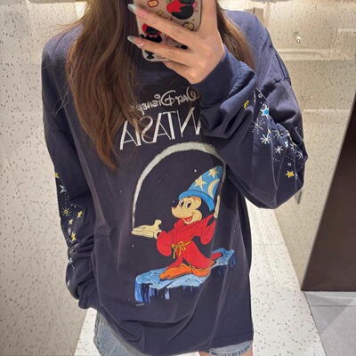 SAINT Mxxx米奇幻想曲日晒褪色做旧破坏复古全棉宽松休闲长袖T恤