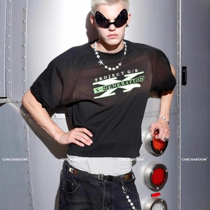 Grailz Project GR橄榄球造型可拆卸垫肩超短款做旧毛圈卫衣短袖