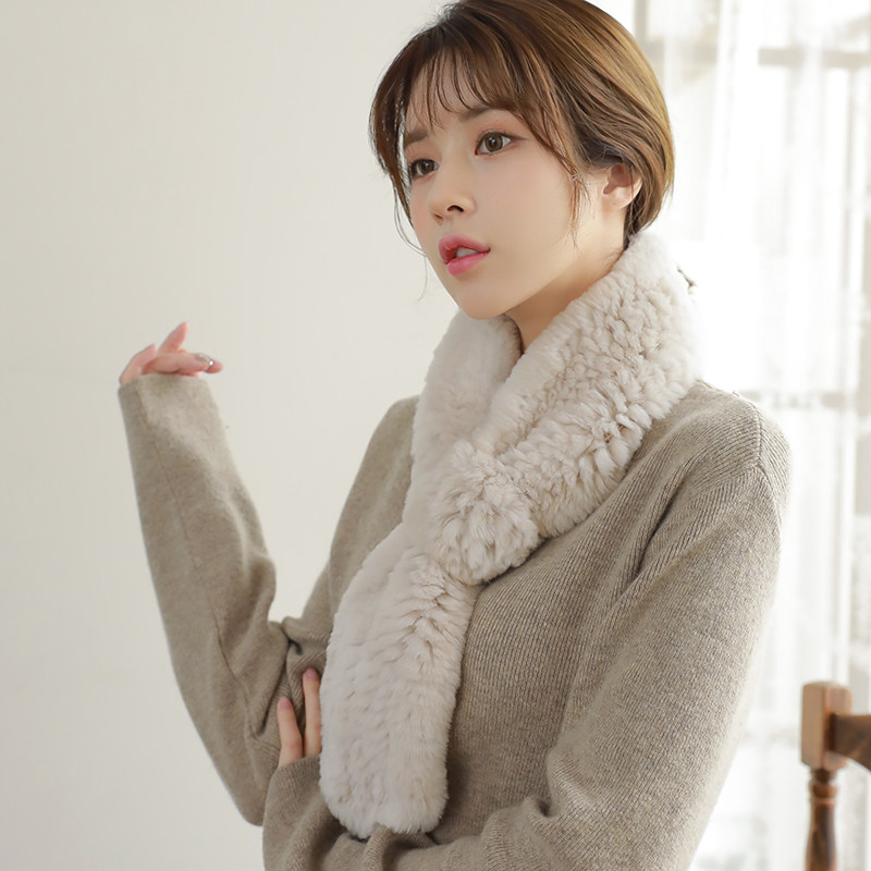 新品毛绒围巾獭兔毛毛皮草围脖女秋冬双面毛领子披肩米白色女式