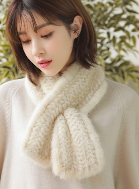 韩版水貂编织围巾秋冬季加厚保暖皮草披肩双面交叉围脖套真毛领子